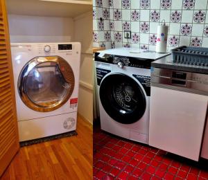 a washer and a washing machine in a kitchen at Ferienwohnung Altes Schulhaus Walberngrün in Grafengehaig +6 photos