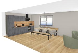 a rendering of a living room with a table and a kitchen at Martha's Alpine Apartment in Obsteig