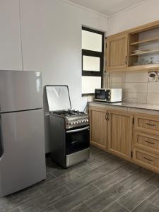 a kitchen with a stove and a refrigerator at The cozy nest in Curepipe