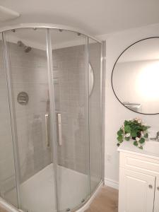 a shower with a glass door in a bathroom at Bright Ensuite Room with 2 Queen Beds-3A in Halifax