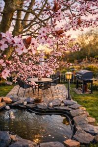 a pond with a table and a tree with pink flowers at Mecklenburger Hof in Parchim