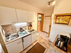 a small kitchen with a sink and a counter at Apartment Bayerischer Wald - Ferienwohnung mit Küche, Parkplatz, WLAN & 24h Checkin in Waffenbrunn