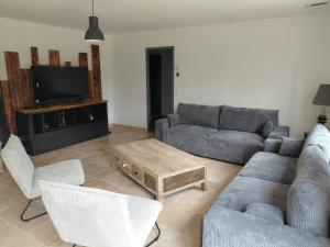 a living room with a couch and a tv at La Cabane du Porteau in Saint-Georges-sur-Cher