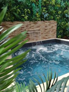 a hot tub with a fountain in a garden at Domaine kaliope in Le Robert