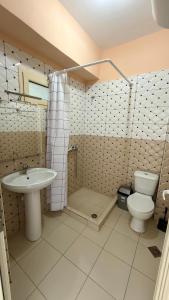 a bathroom with a sink and a toilet and a shower at Dhermi Light Rooms in Dhërmi