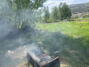 a grill in a field with smoke in the foreground at Damiano House in Sarandë +16 photos