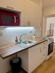 a kitchen with a sink and a microwave at StayU Apartment in Ústí nad Labem