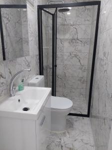 a bathroom with a sink and a toilet and a shower at Alaçatı evi in Alaçatı