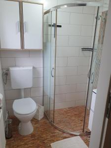 a bathroom with a toilet and a glass shower at Ferienwohnung am Schwielochsee in Schwielochsee +28 photos