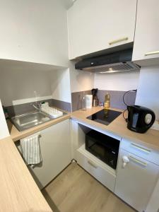 a small kitchen with a sink and a microwave at Studio cosy avec jardin privé - Proche de tout ! in Montbard +5 photos