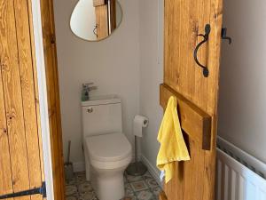 a bathroom with a white toilet and a mirror at Brookside in Langthwaite +14 photos