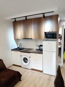 a kitchen with a sink and a washing machine at ევრო პალას გონიო in Kvariati