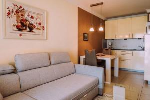 a living room with a couch and a kitchen at Europa Residenz Bad Füssing in Bad Füssing