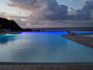 a swimming pool with blue lights in front of the ocean at Our dream in blue in Sèze