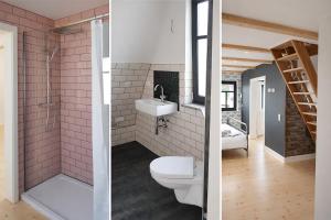 two pictures of a bathroom with a toilet and a sink at Ferienhaus in Graal-Müritz in Graal-Müritz