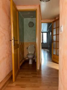 a bathroom with a toilet in a hallway at La grange un refuge in Mijanès +10 photos