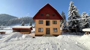 a house with a red roof in the snow at Matei in Gârda de Sus