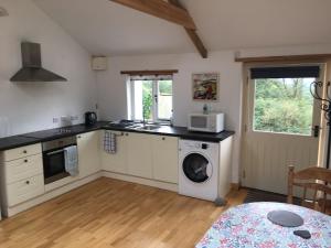 a kitchen with a washing machine and a microwave at THE Old DAIRY in Whitland
