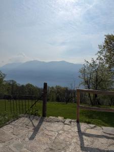 a wooden bench sitting on top of a field at Rustico Corte in Brissago