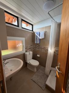 a bathroom with a white toilet and a sink at Rustico Corte in Brissago