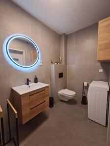 a bathroom with a sink and a toilet and a mirror at E&M-Plażowa in Międzywodzie
