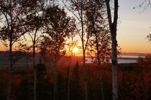 a sunset over a field with trees in the foreground at Nørdika Charlevoix in Baie-Saint-Paul