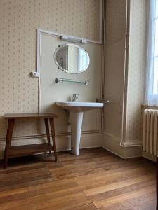a bathroom with a sink and a mirror at Gîte Chez Mamie Madeleine in Ainay-le-Château