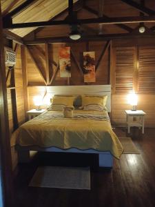 a bedroom with a bed with two tables and two lamps at Villa Bahia Del Sol in Bocas Town