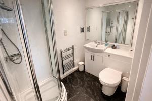 a bathroom with a toilet and a sink and a shower at Ferndale Lodge in Torquay