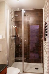 a shower with a glass door in a bathroom at Hotel am Hafen Leverkusen in Leverkusen