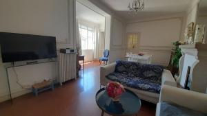 a living room with a couch and a tv at Appart charme Arenes Nimes in Nîmes