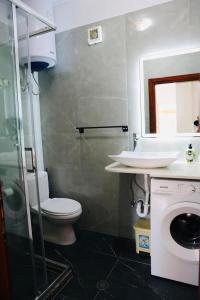 a bathroom with a toilet and a sink and a washing machine at Gees House in Golem +10 photos
