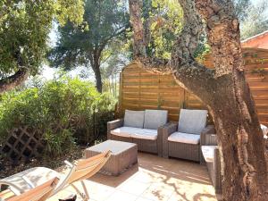 a patio with two chairs and a tree at auxcheneslieges in Lecci