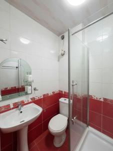 a bathroom with a toilet and a sink and a shower at Hotel Elite in Batumi +40 photos