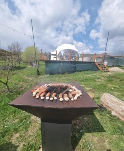 a grill on a table with a dome in the background at GlampingDenis Igloo in Mihăeşti
