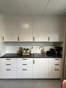 a kitchen with white cabinets and a sink at Business Accommodation 'Comfort Living' in Geel