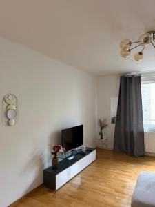 a living room with a tv and a table at Schöne Wohnung mit Balkon in Vienna