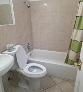 a bathroom with a toilet and a tub and a sink at Dover Inn in Dover +11 photos