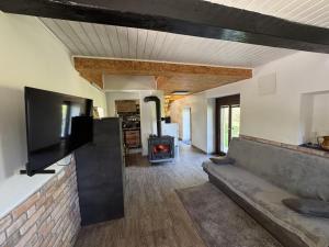 a living room with a couch and a fireplace at Secret Forest Retreat in Ptujska Gora