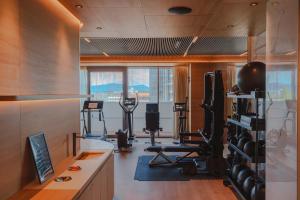 a gym with several treadmills and weights in a room at Above Danube - Luxury Apartment in Vienna
