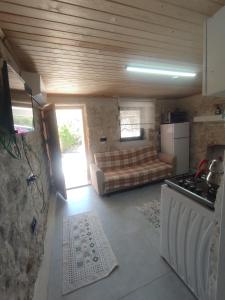 a large living room with a couch and a kitchen at Begonvil Evleri Karaburun in Karaburun