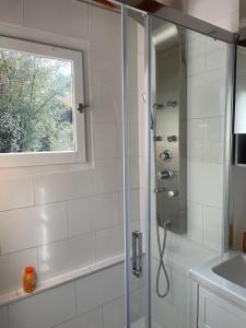 a bathroom with a shower with a sink and a window at Maison Maubuisson proche du lac de Carcans in Carcans