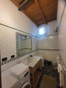 a bathroom with a sink and a toilet and a mirror at Collina del Milanese in San Colombano al Lambro