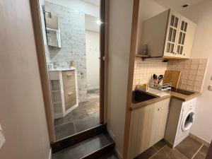 a kitchen with a sink and a washer and dryer at Studio Cosy avec Cour Privée in Fleury