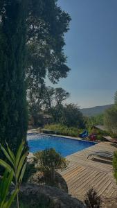 a swimming pool in a yard with a wooden deck at Casa Olea in Sartène