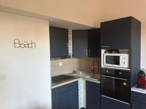 a kitchen with blue cabinets and a white microwave at Maison bord de mer pour 2 à 6 pers in La Tranche-sur-Mer