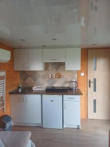 a kitchen with white cabinets in a room at Agroturystyka Kameralna93 in Ochaby