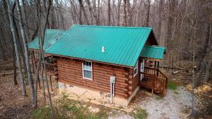 a log cabin with a green roof in the woods at Jack Pine Hollow in Logan