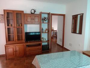 a living room with a entertainment center with a flat screen tv at Casa Feria in Algodonales