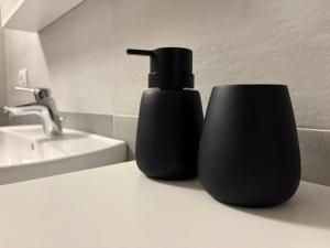 a black soap dispenser sitting on a counter next to a sink at FLO Homestay in Levico Terme +22 photos